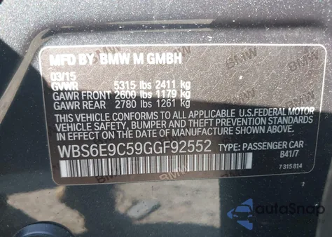 2016 BMW M6 Gran Coupe z USA, uszkodzony, nr VIN WBS6E9C59GGF92552